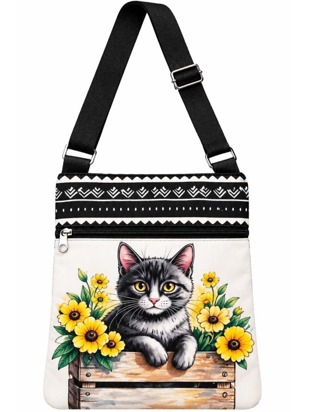 Black & White Cat Floral Crossbody Bag